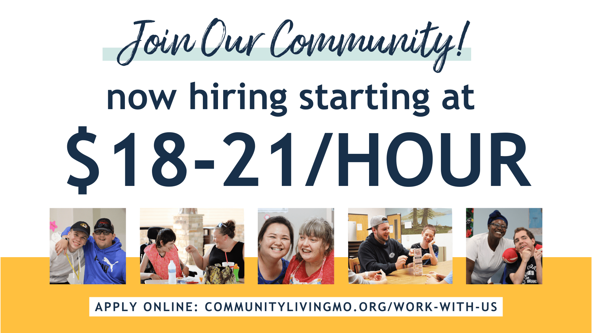 Text that reads "join our community! now hiring at $18-21/hour"