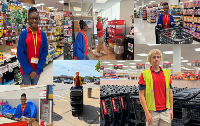 High school students Shandra and Kyle participate in the SWE program at Schnucks, returning grocery carts and helping bag groceries.