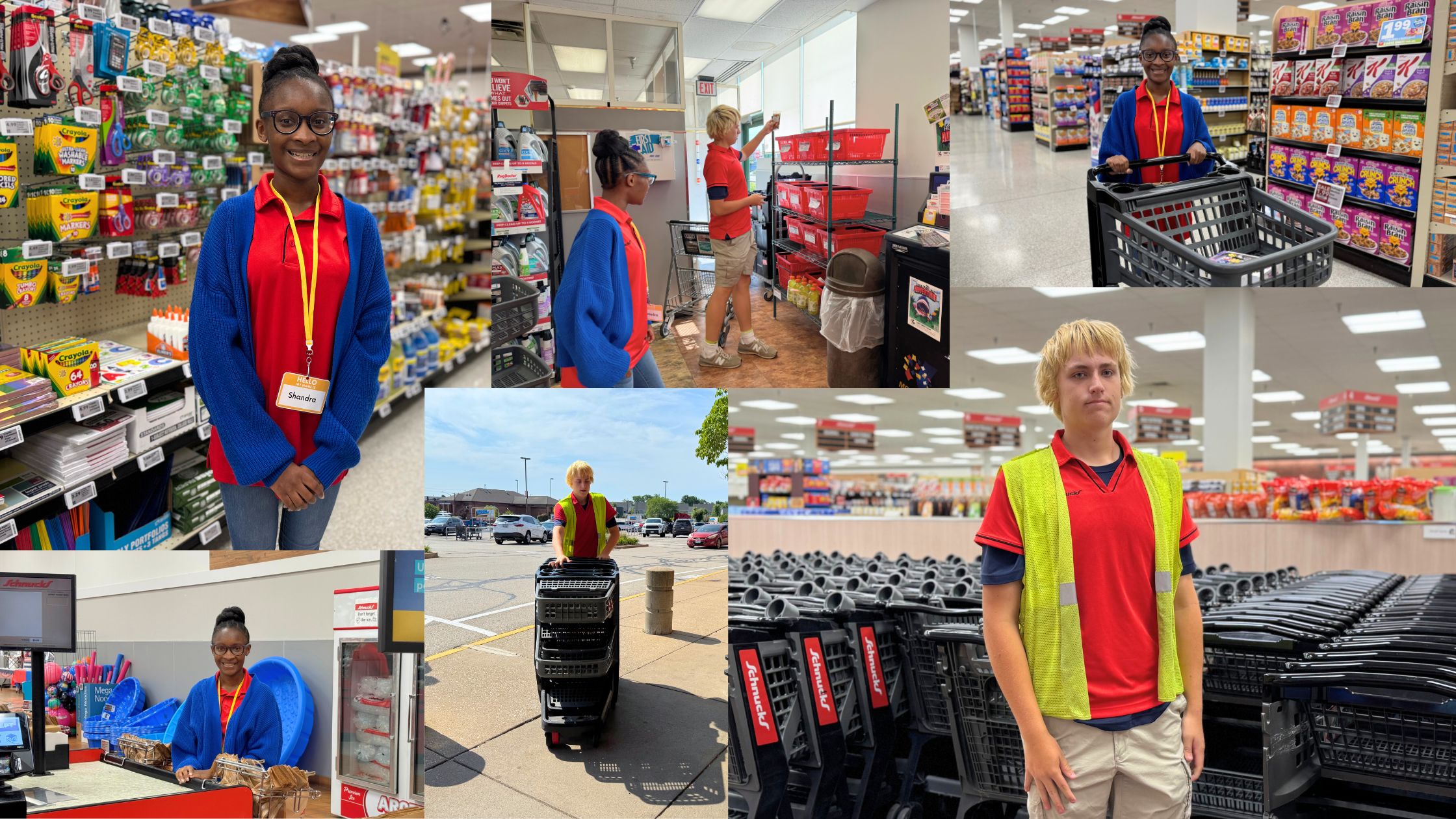 High school students Shandra and Kyle participate in the SWE program at Schnucks, returning grocery carts and helping bag groceries.