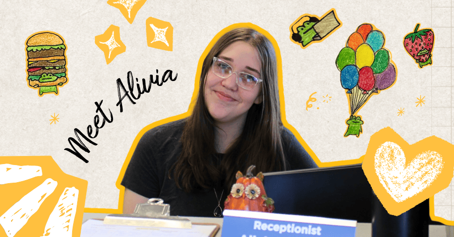 A cut out image of new receptionist Alivia in a scrapbook style with graphic that says Meet Alivia and other graphic elements, like stars and a heart, along with images of frogs that Alivia drew.