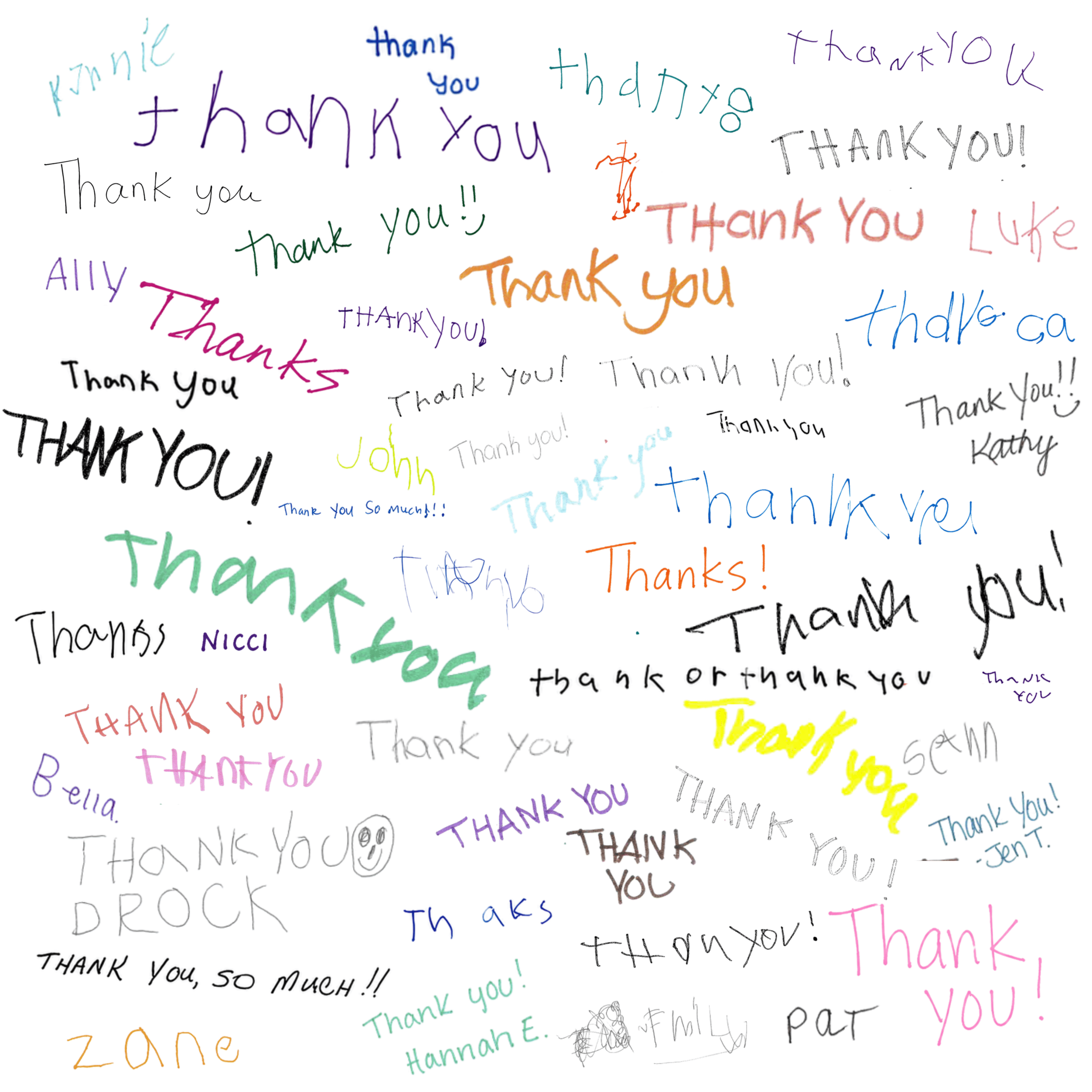Thank You…last A blank background with mutli colored, hand-written signatures and thank you's from our day habilitation participants and staff